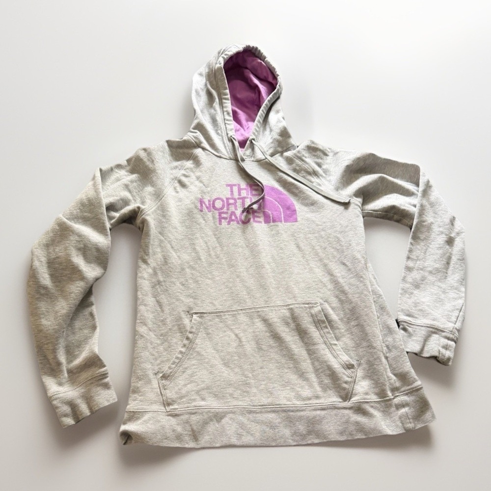 The North Face‎ Hoodie Womens M Gray Pink Logo Pullover Fleece Sweatshirt